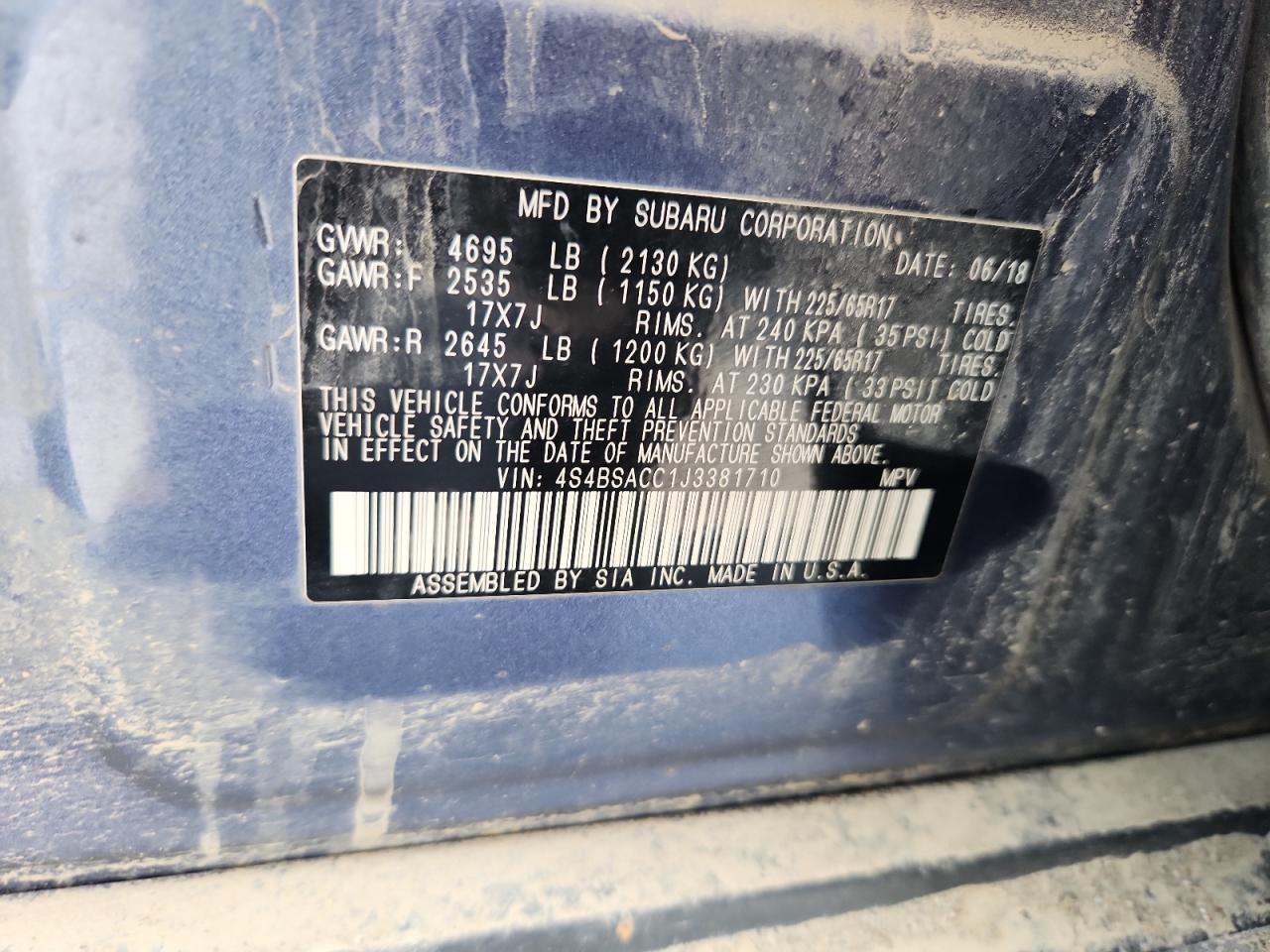 2018 Subaru Outback 2.5I Premium VIN: 4S4BSACC1J3381710 Lot: 68193665