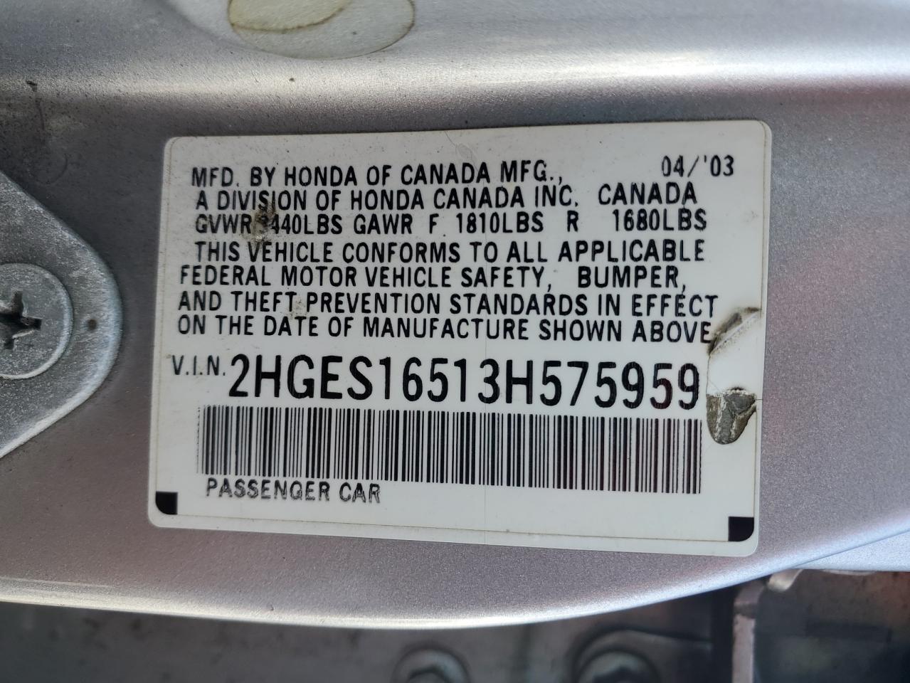 2003 Honda Civic Lx VIN: 2HGES16513H575959 Lot: 67822665