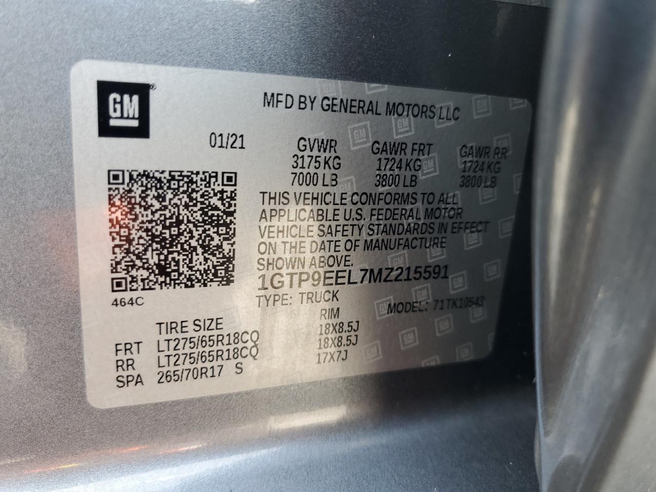 2021 GMC Sierra K1500 At4 VIN: 1GTP9EEL7MZ215591 Lot: 70827985