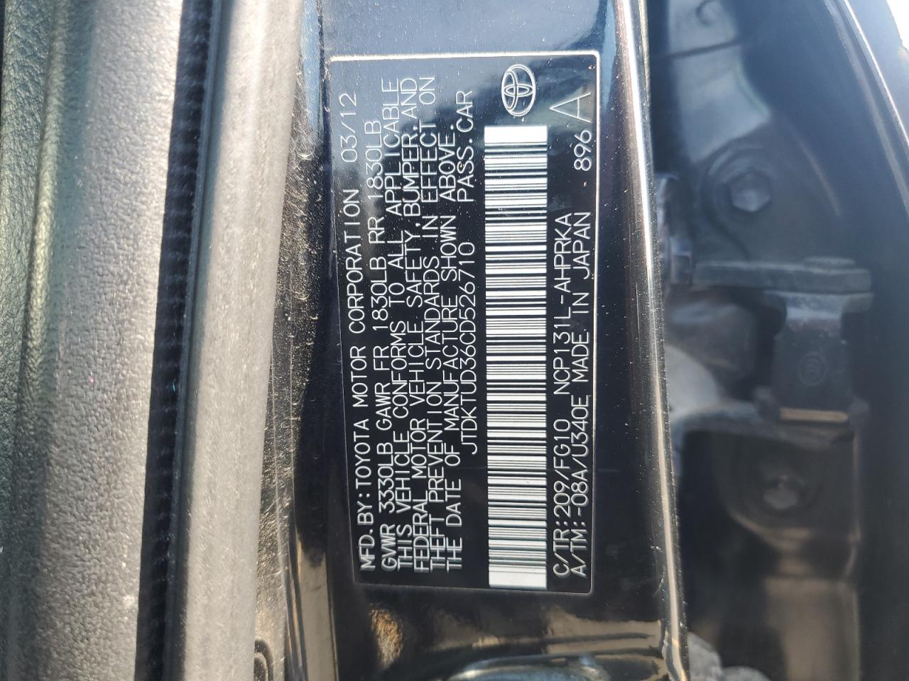 2012 Toyota Yaris VIN: JTDKTUD36CD526710 Lot: 71017365