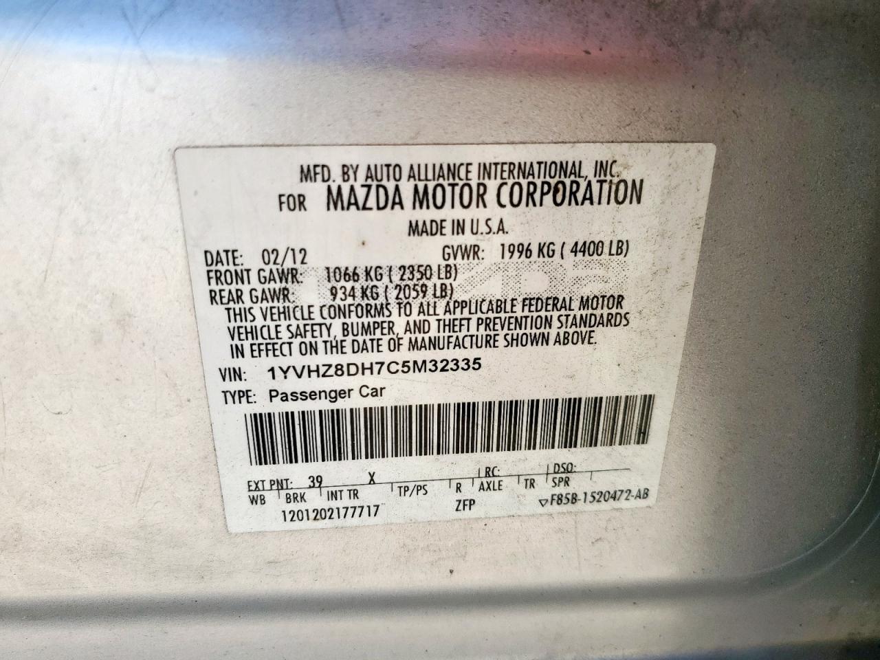 2012 Mazda 6 I VIN: 1YVHZ8DH7C5M32335 Lot: 70750015