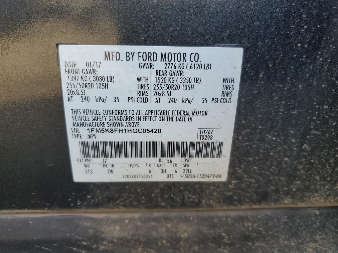 2017 Ford Explorer Limited VIN: 1FM5K8FH1HGC05420 Lot: 69618395
