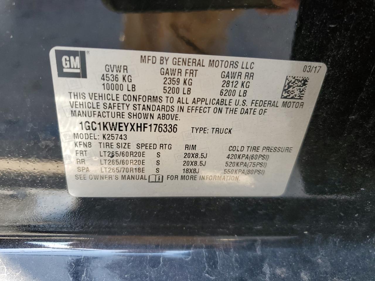 2017 Chevrolet Silverado K2500 Heavy Duty Ltz VIN: 1GC1KWEYXHF176336 Lot: 67784015