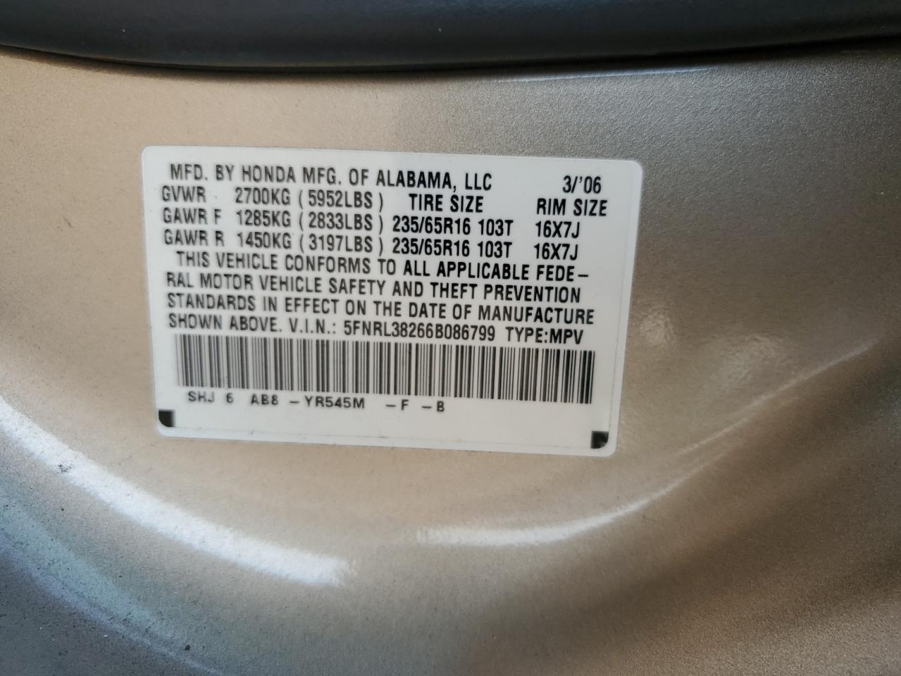 2006 Honda Odyssey Lx VIN: 5FNRL38266B086799 Lot: 67555155