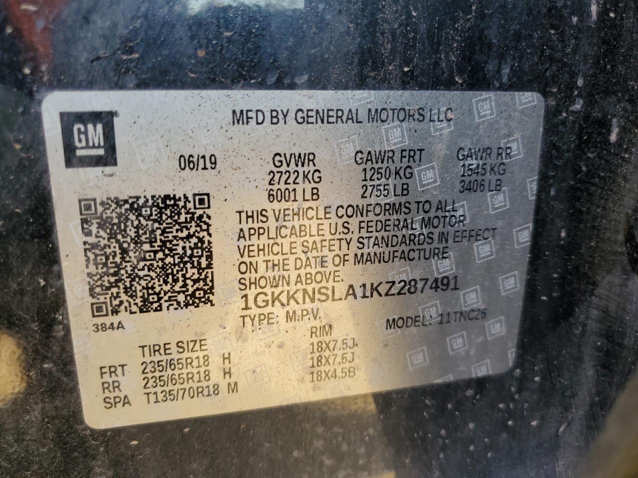 2019 GMC Acadia Sle VIN: 1GKKNSLA1KZ287491 Lot: 68678305