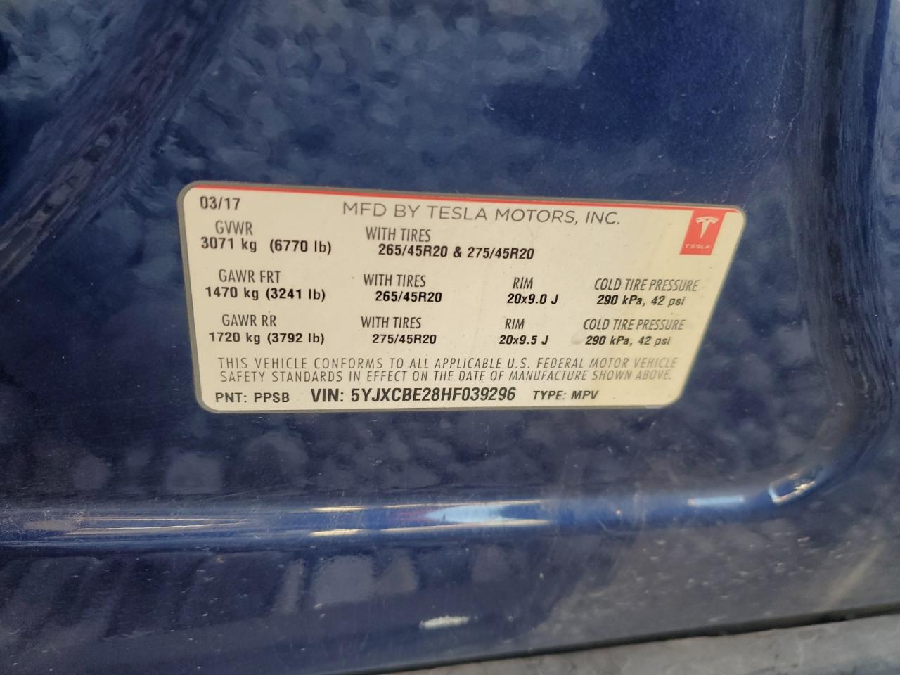 2017 Tesla Model X VIN: 5YJXCBE28HF039296 Lot: 70351135