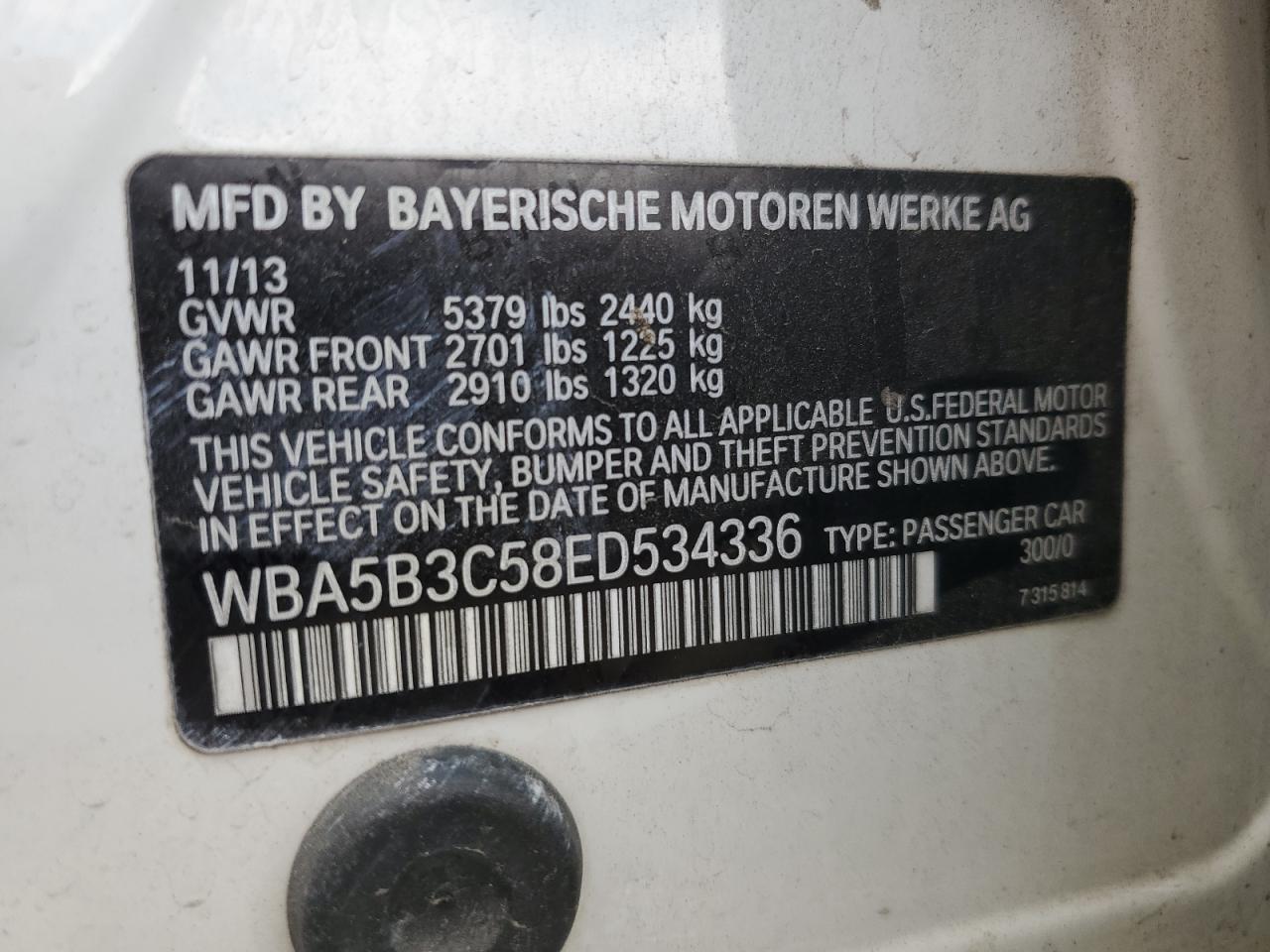 2014 BMW 535 Xi VIN: WBA5B3C58ED534336 Lot: 70355475