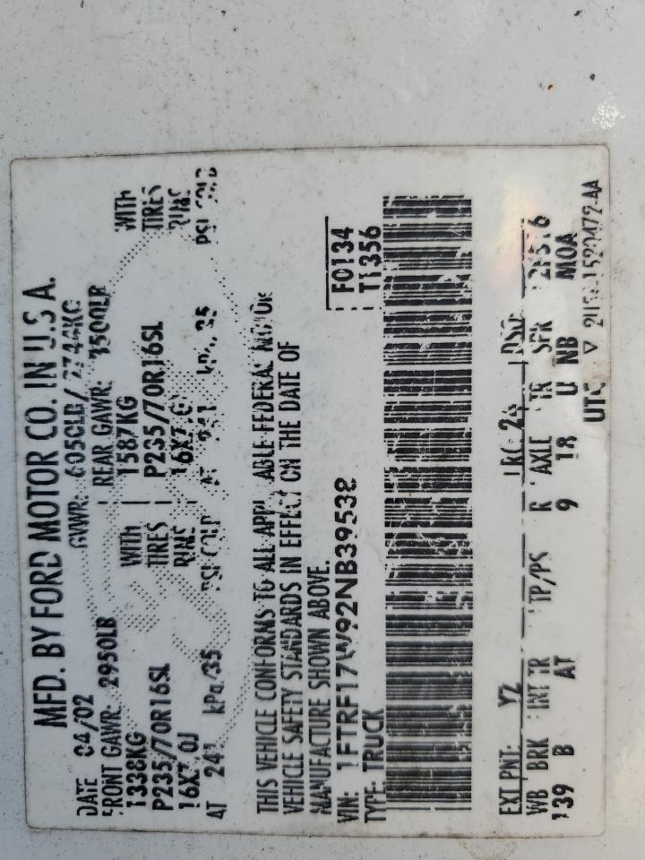 2002 Ford F150 VIN: 1FTRF17W92NB39538 Lot: 67291535