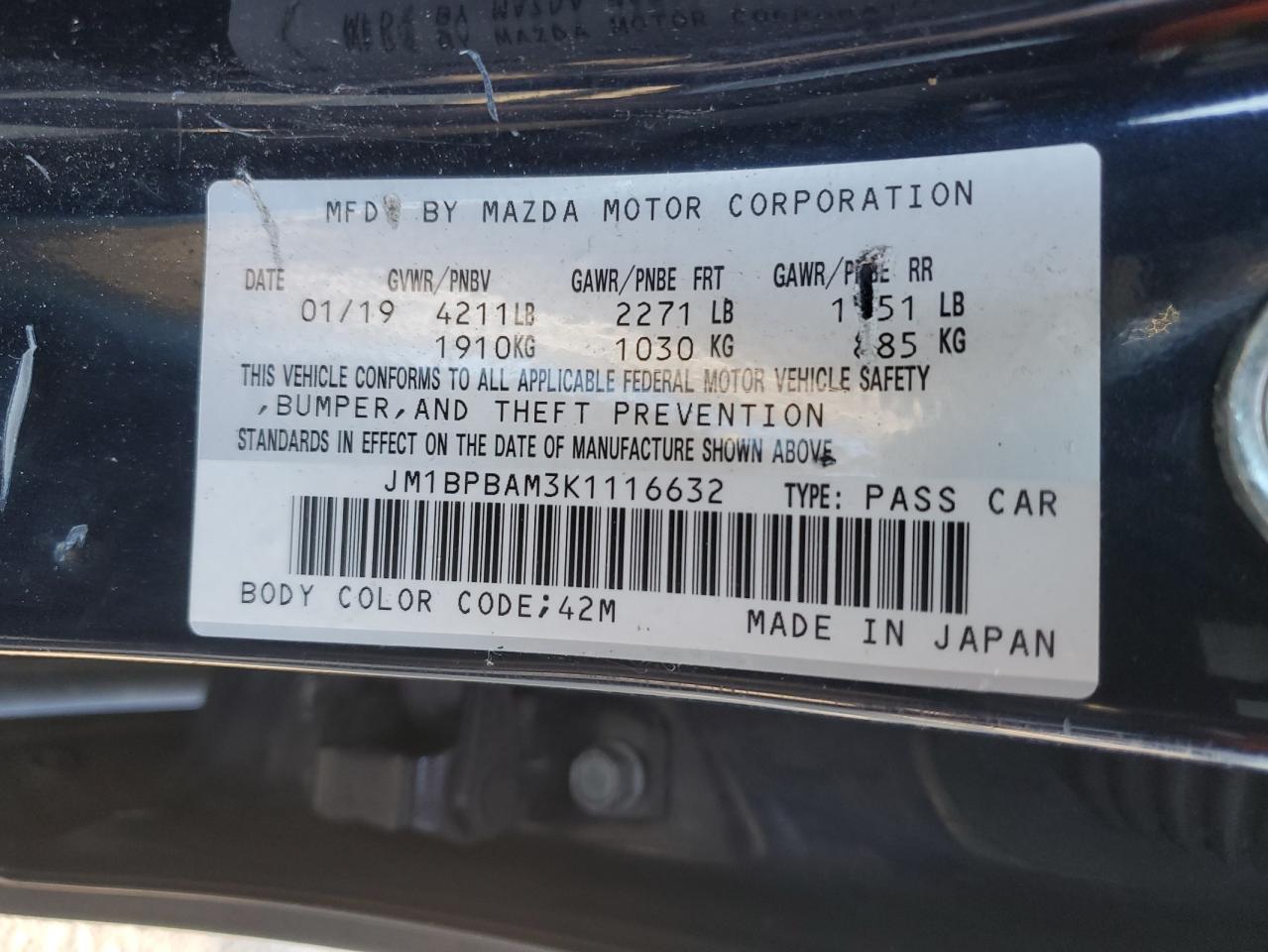 2019 Mazda 3 Select VIN: JM1BPBAM3K1116632 Lot: 69739465