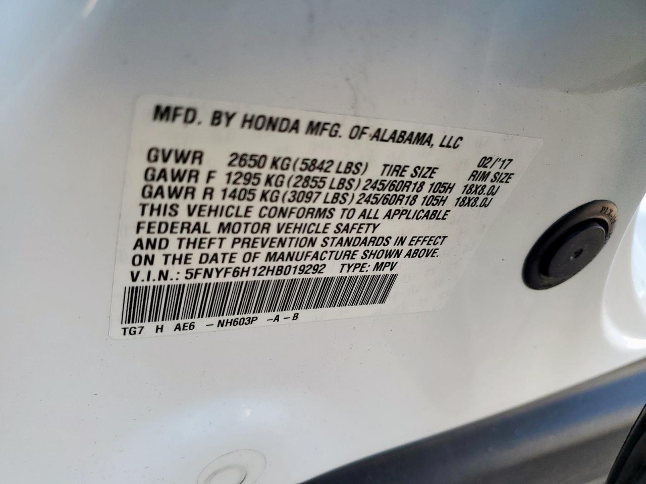 2017 Honda Pilot Lx VIN: 5FNYF6H12HB019292 Lot: 67679545
