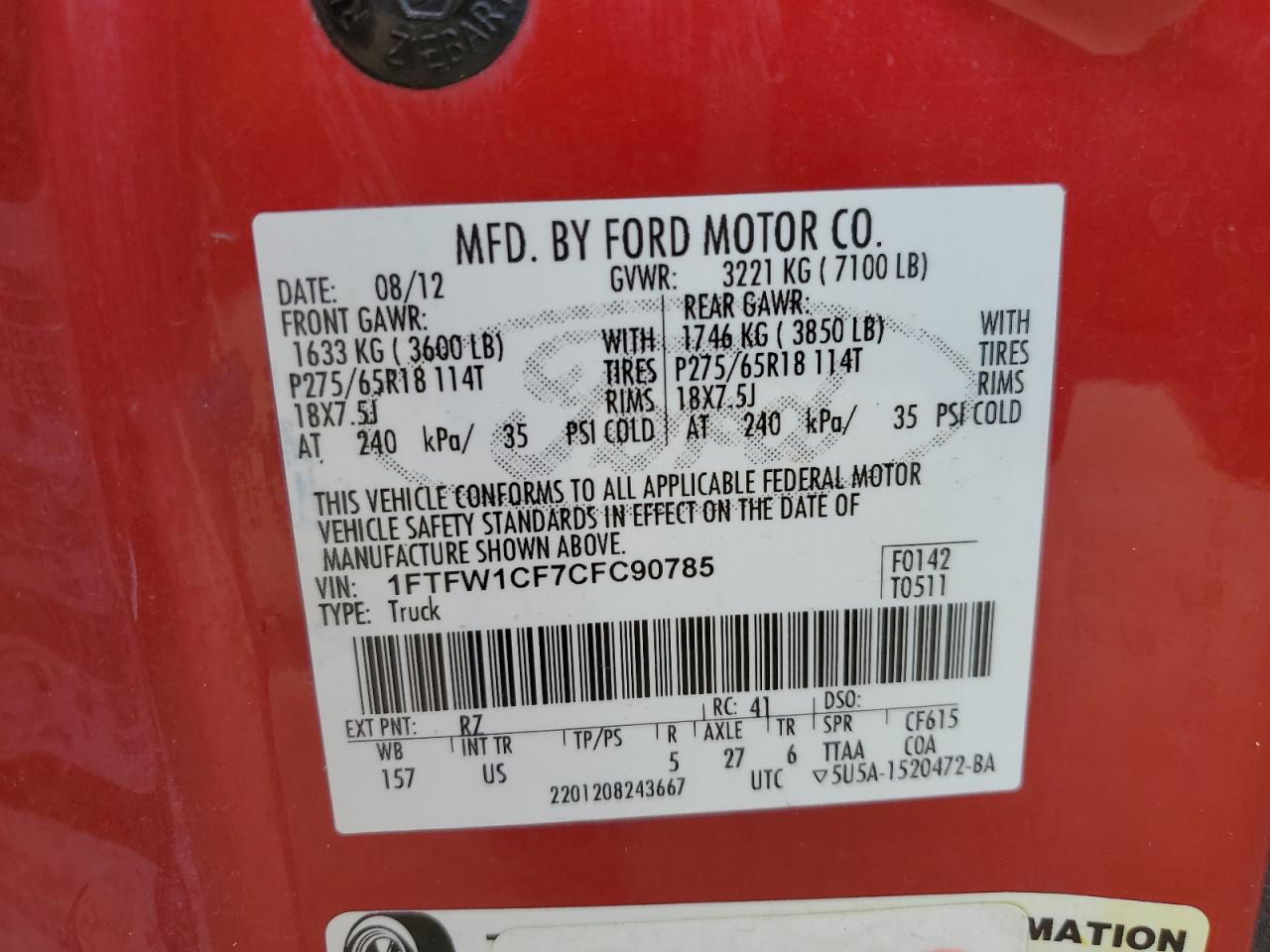 2012 Ford F150 Supercrew VIN: 1FTFW1CF7CFC90785 Lot: 68820395