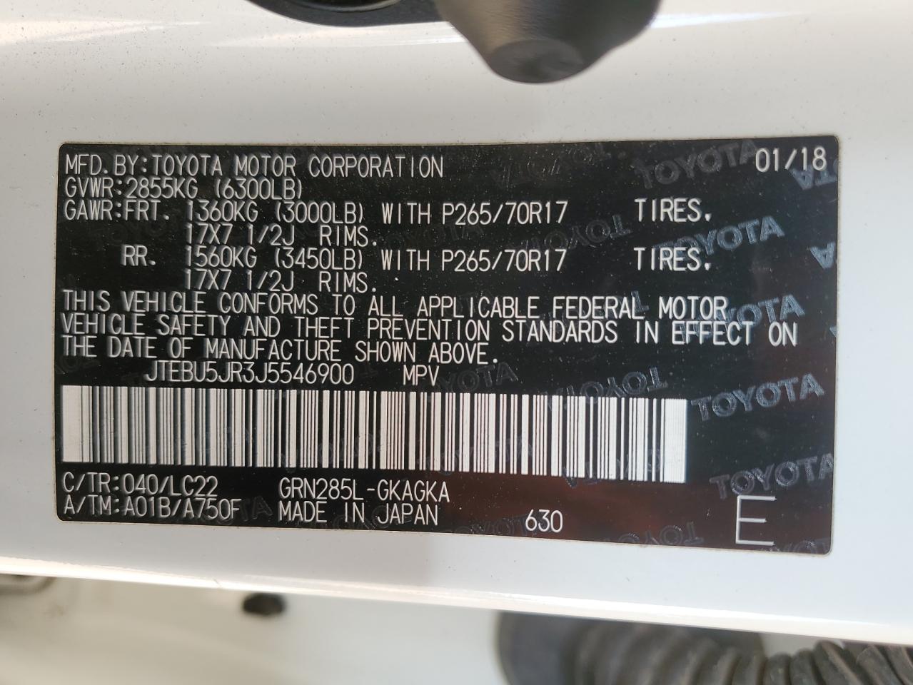 2018 Toyota 4Runner Sr5/Sr5 Premium VIN: JTEBU5JR3J5546900 Lot: 69809175