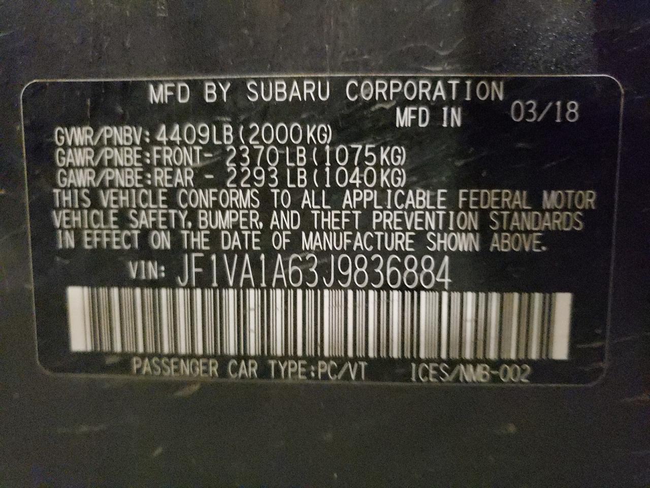 2018 Subaru Wrx VIN: JF1VA1A63J9836884 Lot: 70393825