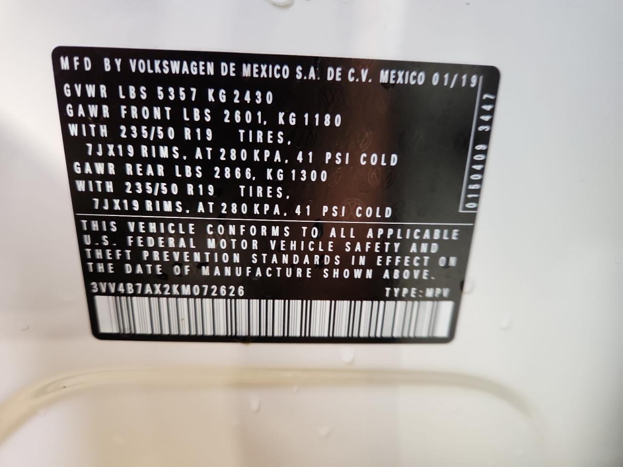 2019 Volkswagen Tiguan Sel Premium VIN: 3VV4B7AX2KM072626 Lot: 69949165