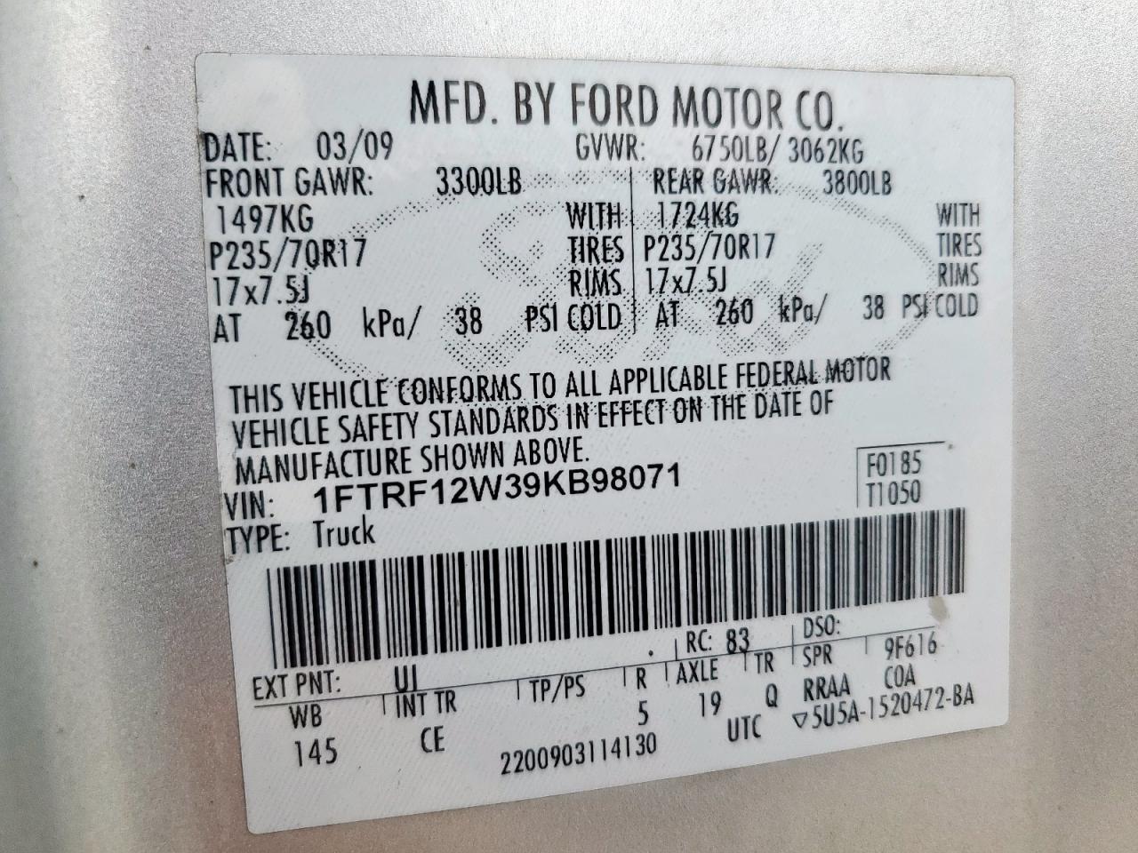 2009 Ford F150 VIN: 1FTRF12W39KB98071 Lot: 70006785