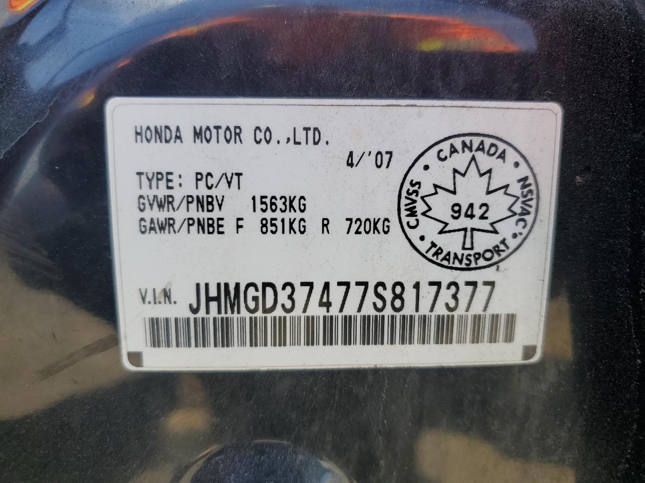 2007 Honda Fit VIN: JHMGD37477S817377 Lot: 69292135