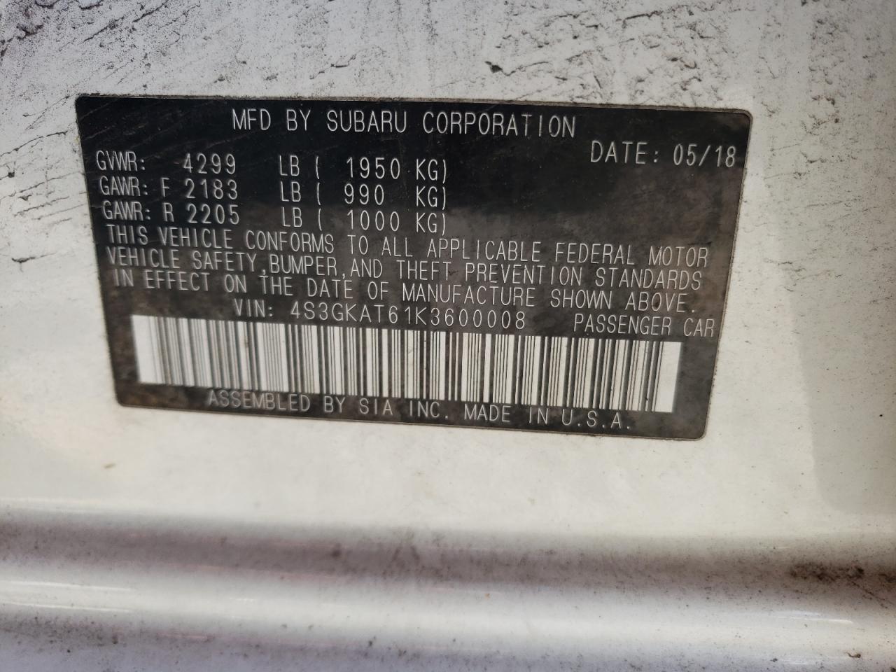 2019 Subaru Impreza Limited VIN: 4S3GKAT61K3600008 Lot: 70602775