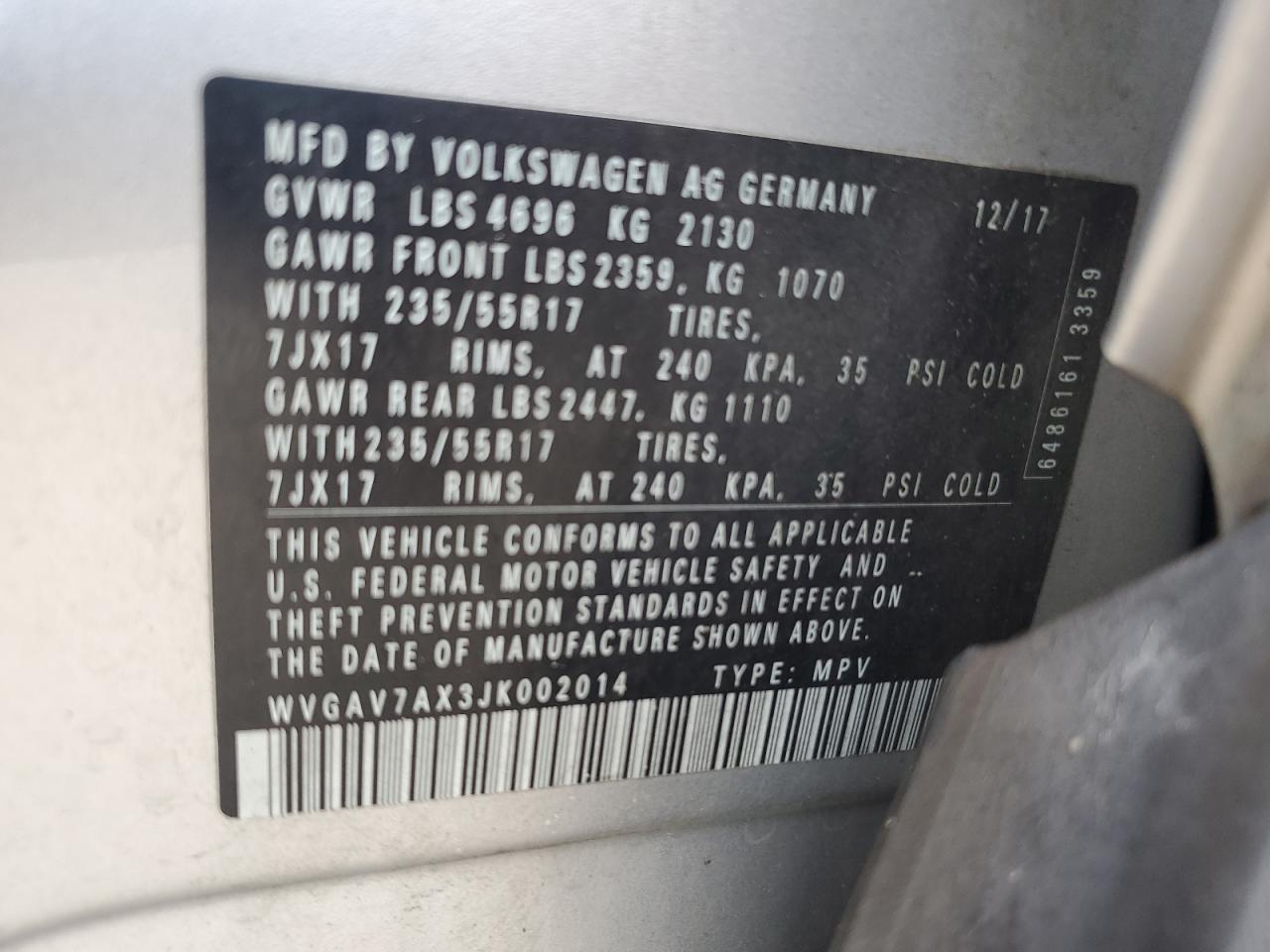 2018 Volkswagen Tiguan Limited VIN: WVGAV7AX3JK002014 Lot: 69226195