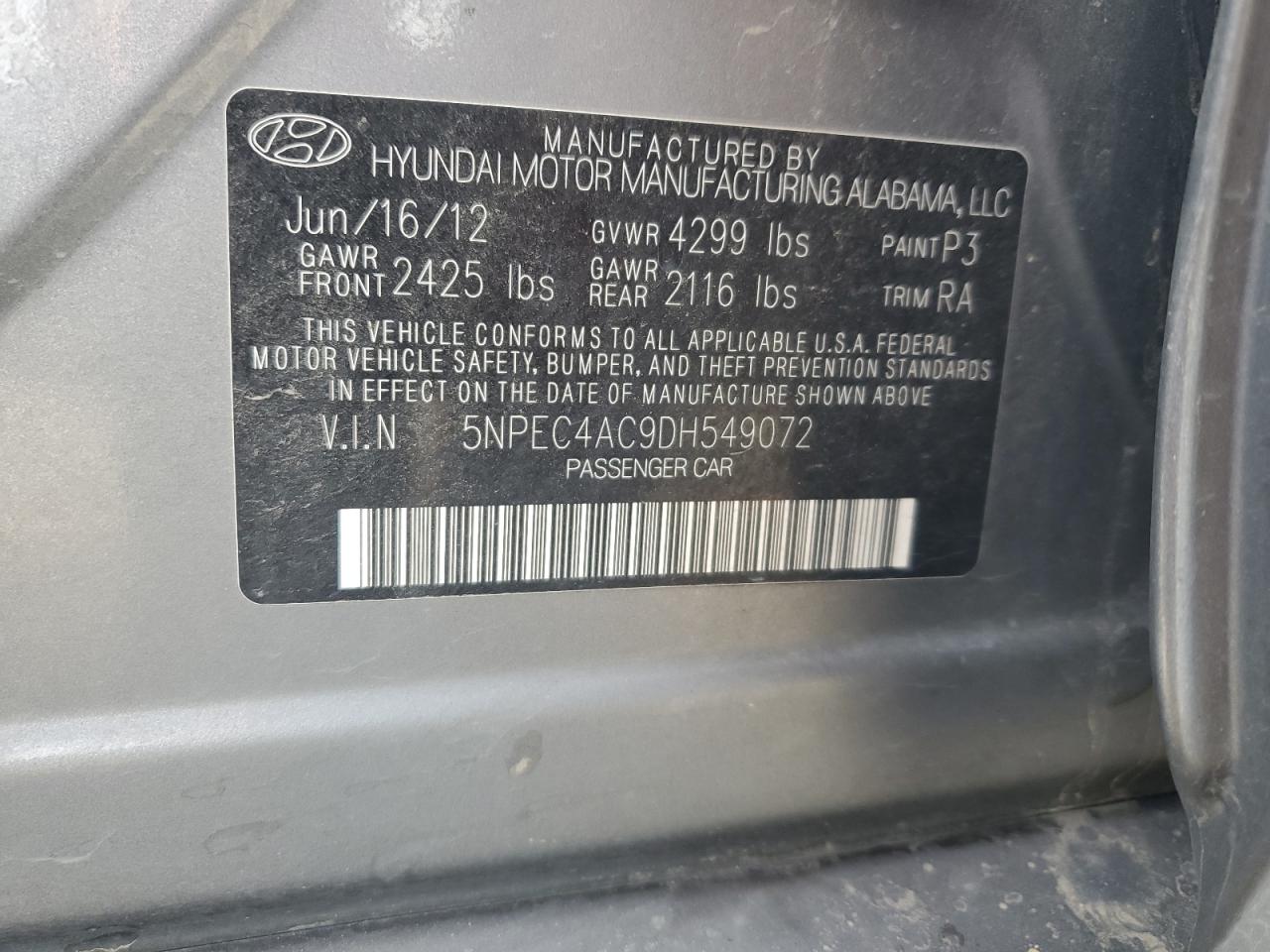 2013 Hyundai Sonata Se VIN: 5NPEC4AC9DH549072 Lot: 70489565