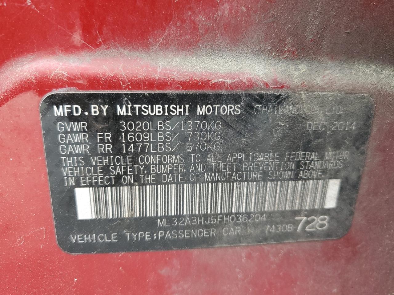 2015 Mitsubishi Mirage De VIN: ML32A3HJ5FH036204 Lot: 67808075
