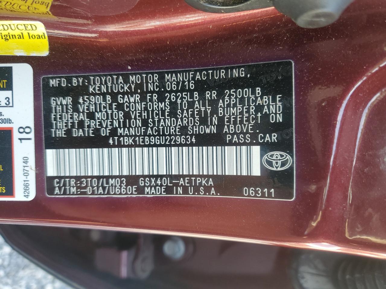 2016 Toyota Avalon Xle VIN: 4T1BK1EB9GU229634 Lot: 68714815