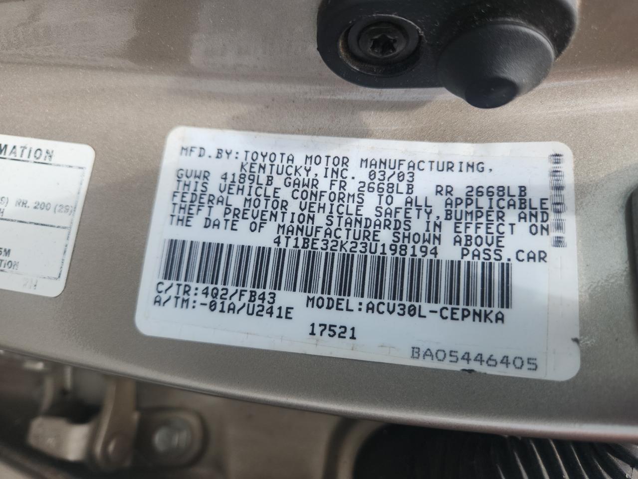 2003 Toyota Camry Le VIN: 4T1BE32K23U198194 Lot: 67279565