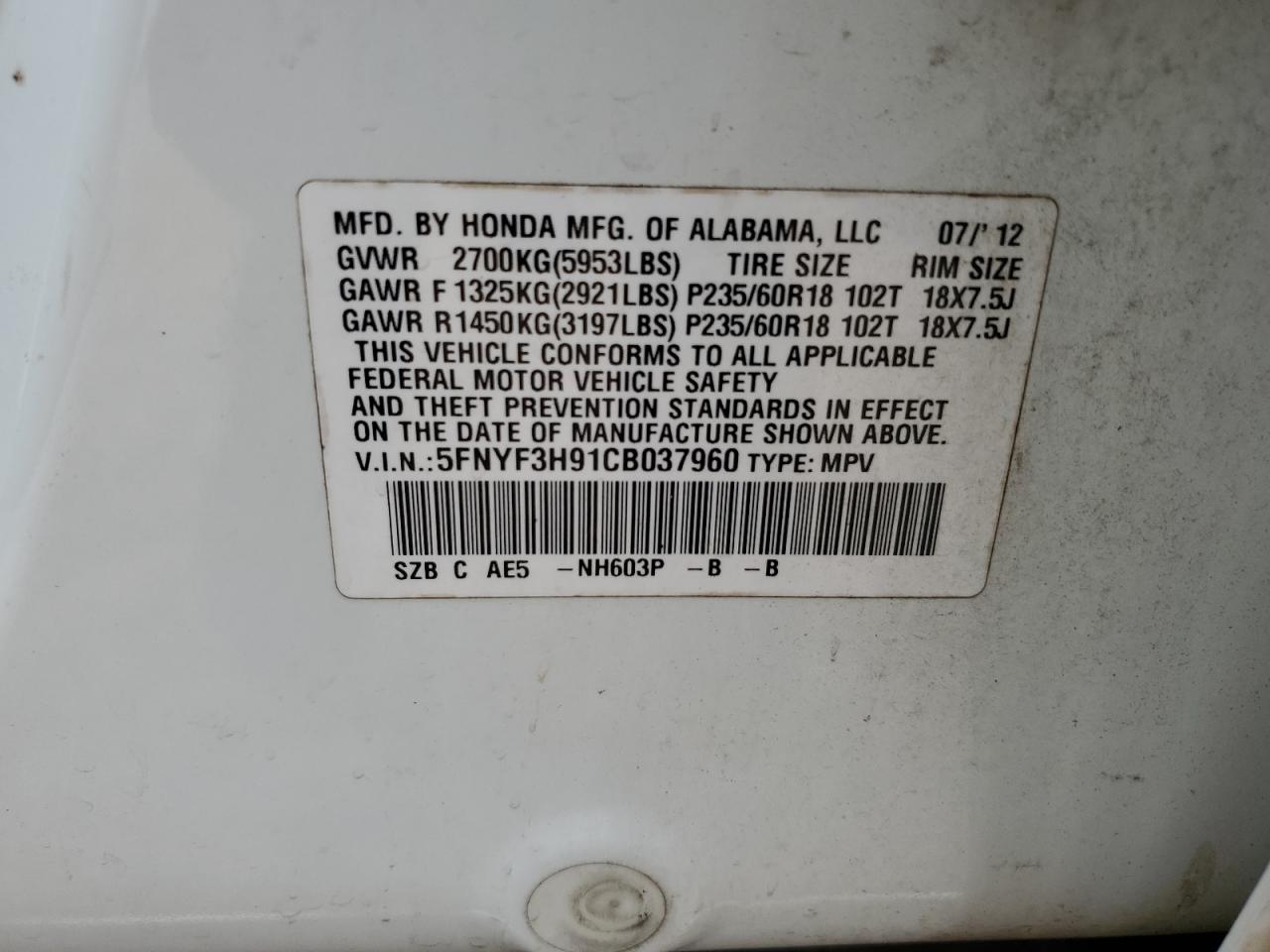 2012 Honda Pilot Touring VIN: 5FNYF3H91CB037960 Lot: 69235005