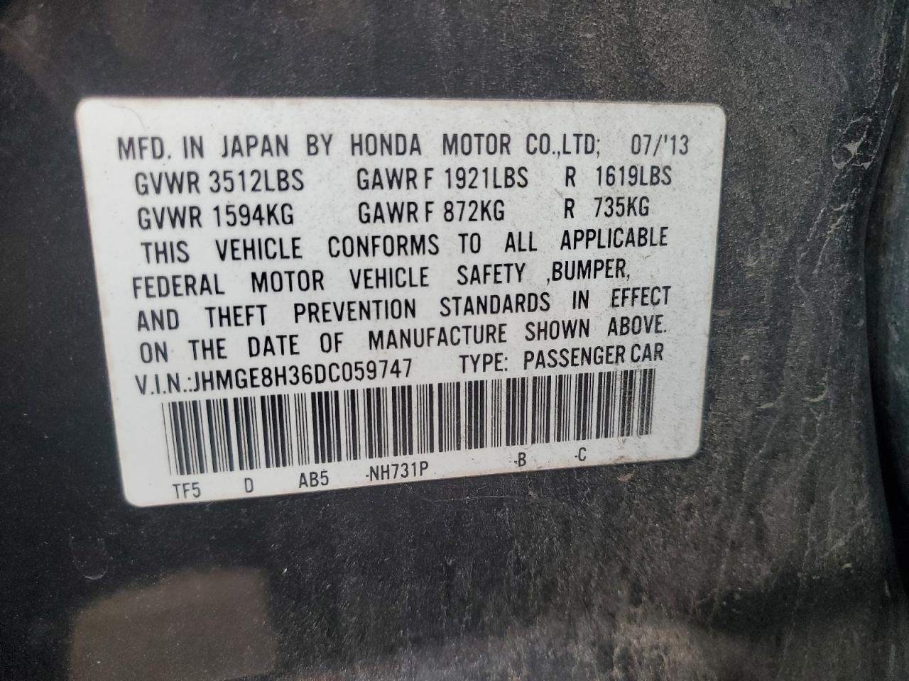 2013 Honda Fit VIN: JHMGE8H36DC059747 Lot: 69566125