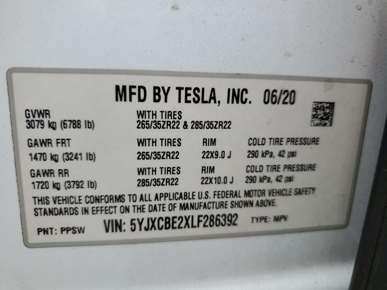 2020 Tesla Model X VIN: 5YJXCBE2XLF286392 Lot: 69110685