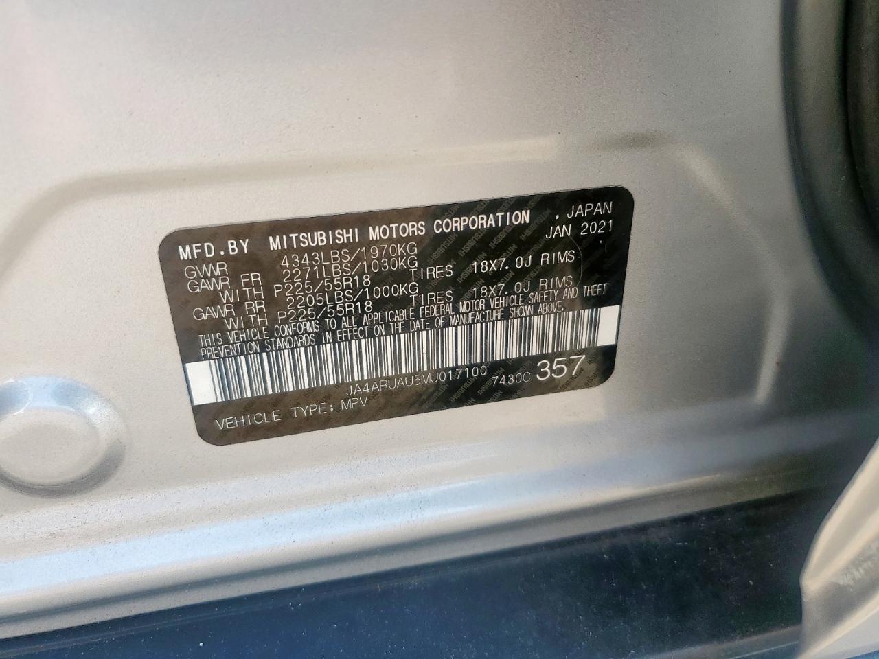 2021 Mitsubishi Outlander Sport Es VIN: JA4ARUAU5MU017100 Lot: 68361295