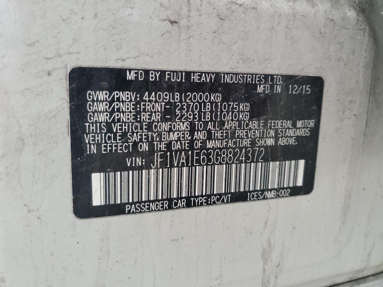 2016 Subaru Wrx Premium VIN: JF1VA1E63G8824372 Lot: 70382055