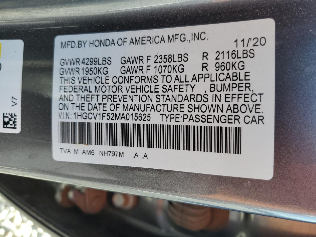 2021 Honda Accord Exl VIN: 1HGCV1F52MA015625 Lot: 70686545