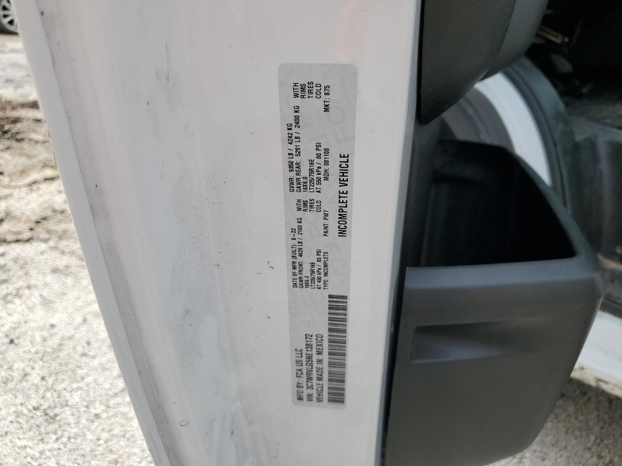 2022 Ram Promaster 3500 3500 Standard VIN: 3C7WRVLG5NE138172 Lot: 67237165