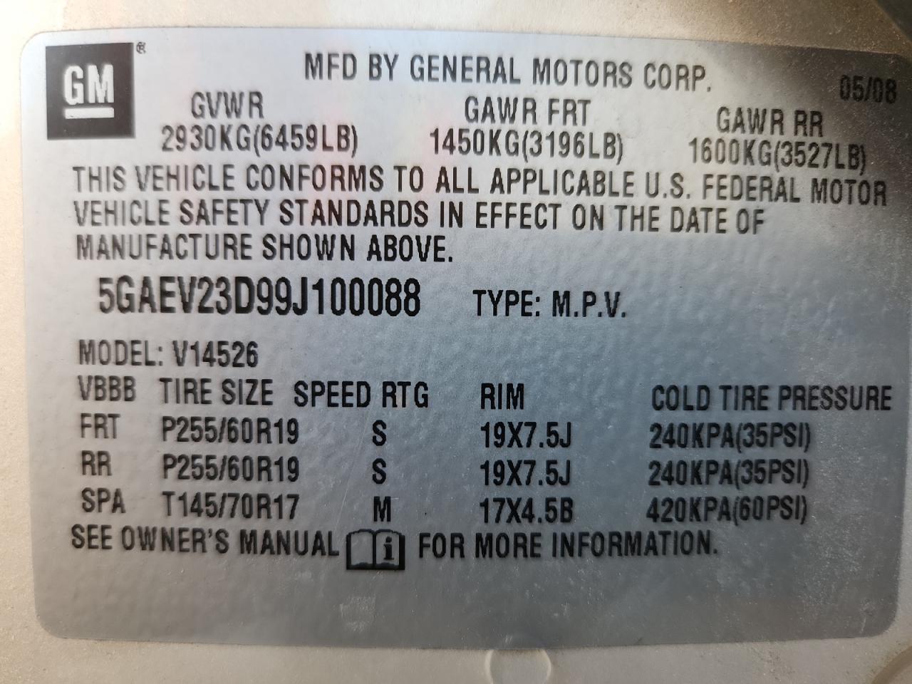 2009 Buick Enclave Cxl VIN: 5GAEV23D99J100088 Lot: 68964405