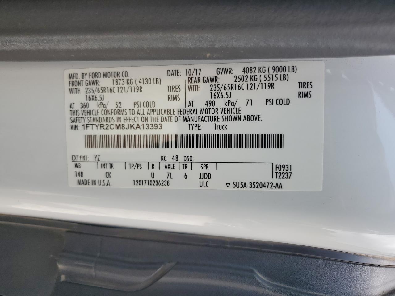 2018 Ford Transit T-250 VIN: 1FTYR2CM8JKA13393 Lot: 69929165