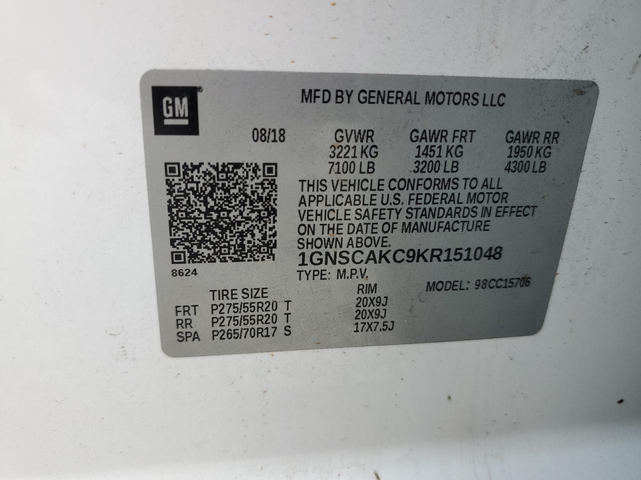 2019 Chevrolet Tahoe C1500 Ls VIN: 1GNSCAKC9KR151048 Lot: 69196595