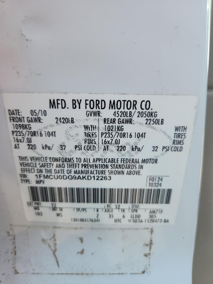 2010 Ford Escape Xlt VIN: 1FMCU0DG9AKD12263 Lot: 70710135