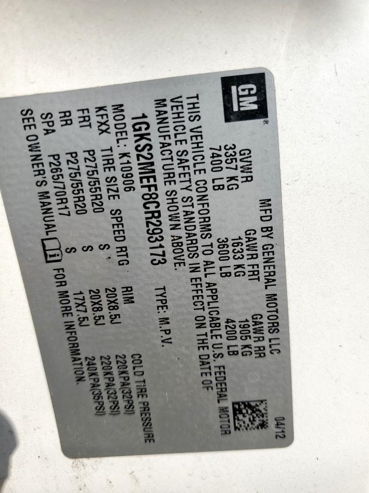 2012 GMC Yukon Xl Denali VIN: 1GKS2MEF8CR293173 Lot: 60157105