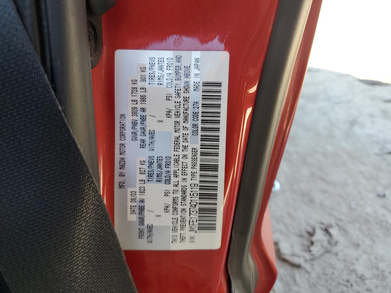 2004 Mazda Rx8 VIN: JM1FE173740115119 Lot: 70187055