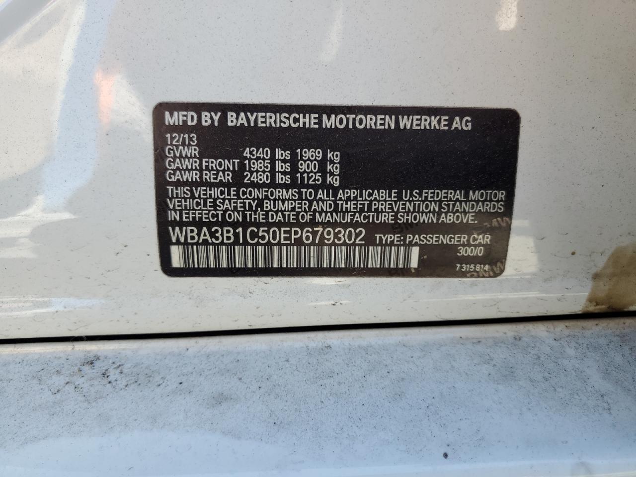 2014 BMW 320 I VIN: WBA3B1C50EP679302 Lot: 66226235