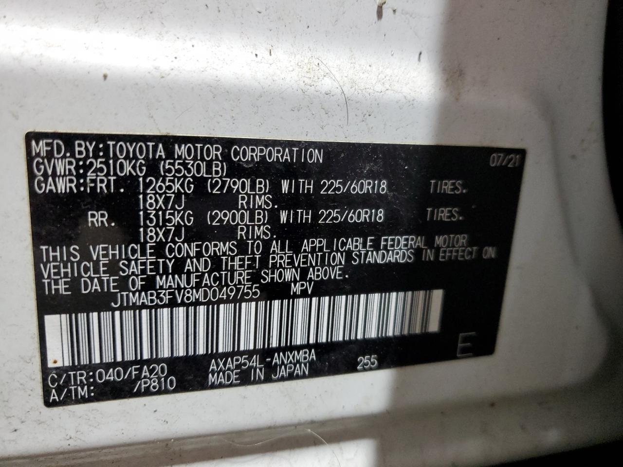 2021 Toyota Rav4 Prime Se VIN: JTMAB3FV8MD049755 Lot: 69443195