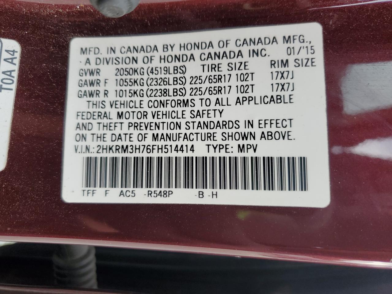 2015 Honda Cr-V Exl VIN: 2HKRM3H76FH514414 Lot: 70423665