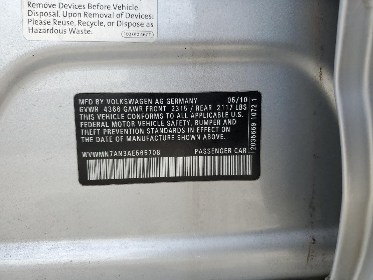 2010 Volkswagen Cc Sport VIN: WVWMN7AN3AE565708 Lot: 67370955