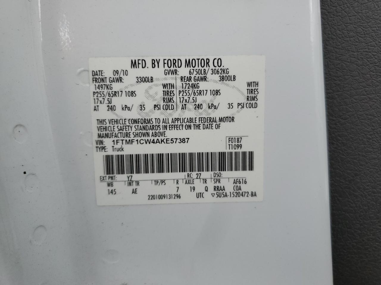 2010 Ford F150 VIN: 1FTMF1CW4AKE57387 Lot: 69661175