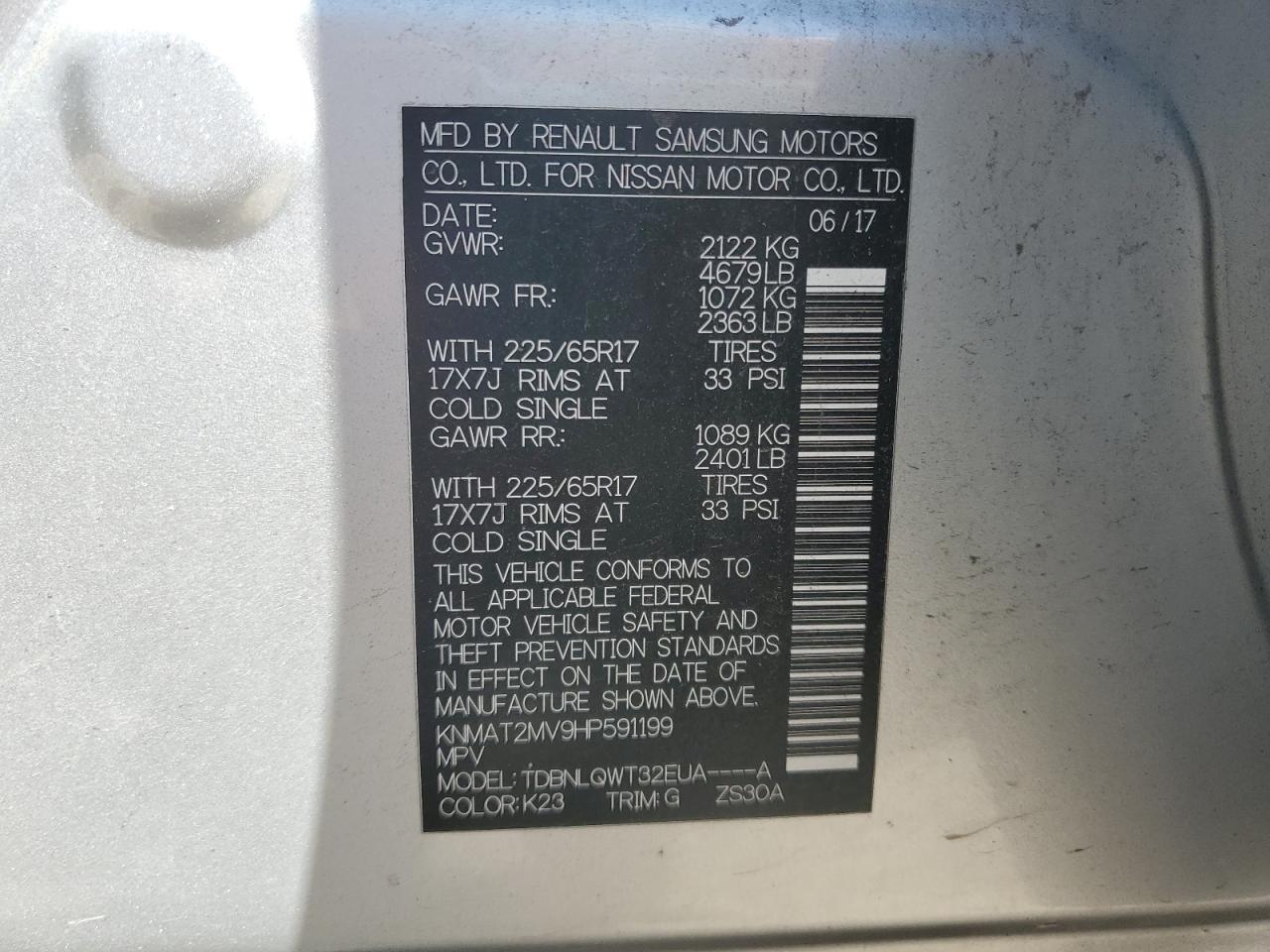 2017 Nissan Rogue S VIN: KNMAT2MV9HP591199 Lot: 69990155