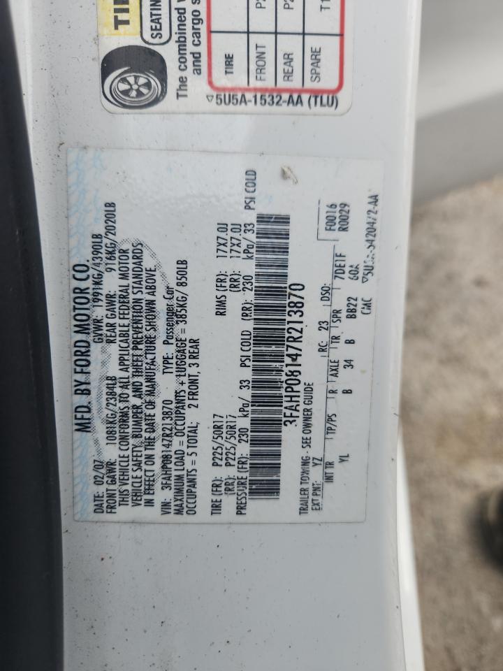 2007 Ford Fusion Sel VIN: 3FAHP08147R213870 Lot: 67369535