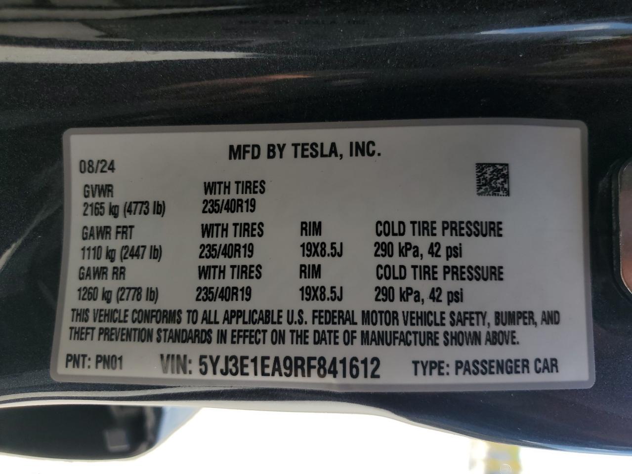2024 Tesla Model 3 VIN: 5YJ3E1EA9RF841612 Lot: 90813725