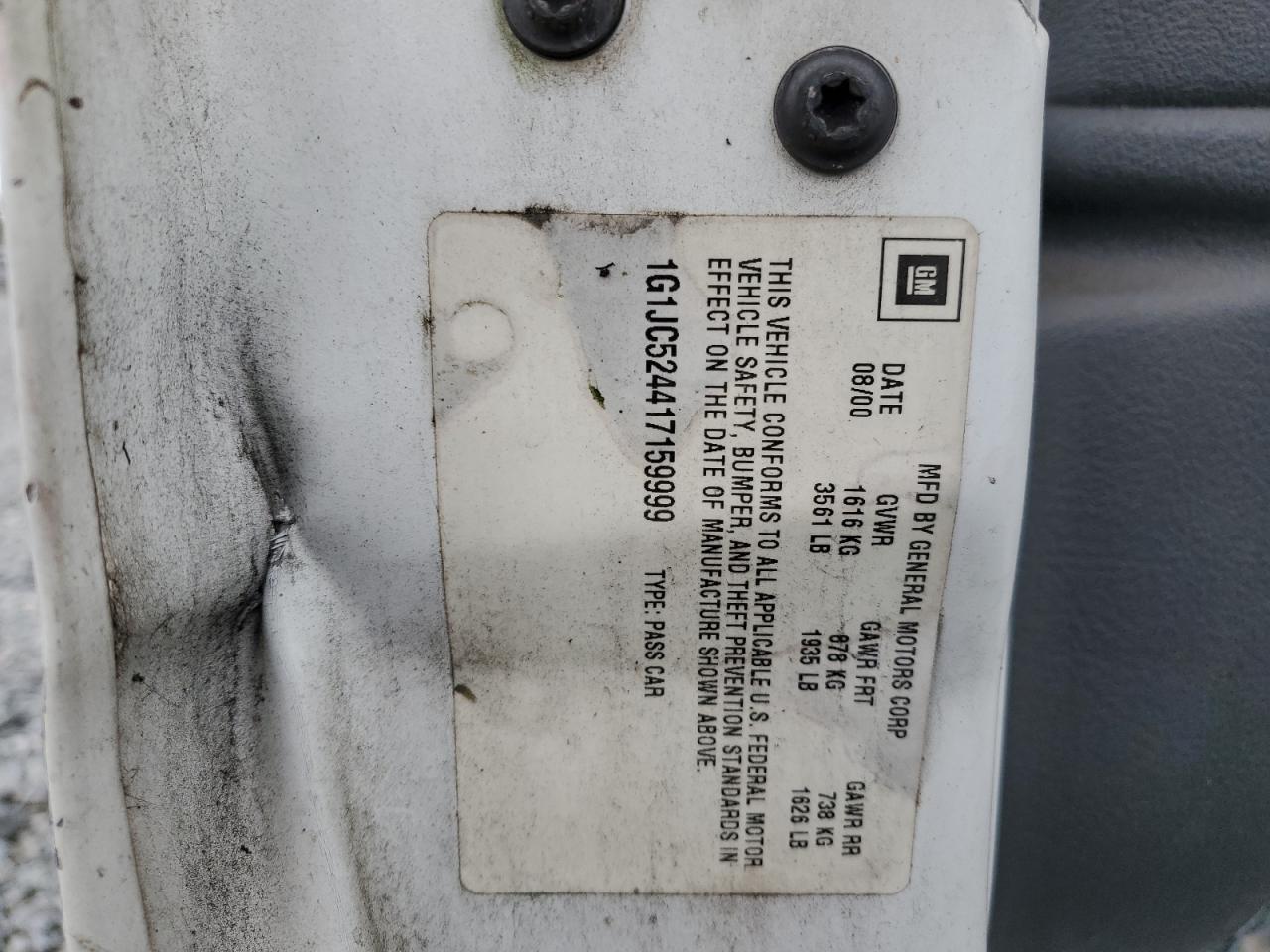 2001 Chevrolet Cavalier Base VIN: 1G1JC524417159999 Lot: 68654615