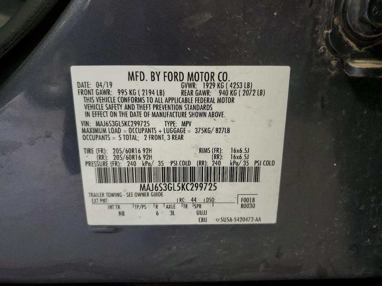 2019 Ford Ecosport Se VIN: MAJ6S3GL5KC299725 Lot: 69927095