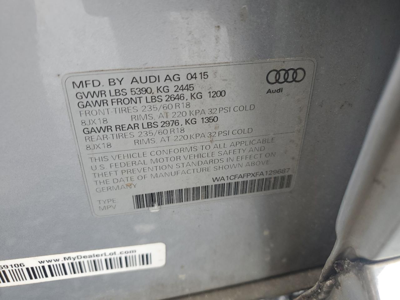 2015 Audi Q5 Premium VIN: WA1CFAFPXFA129687 Lot: 68599335